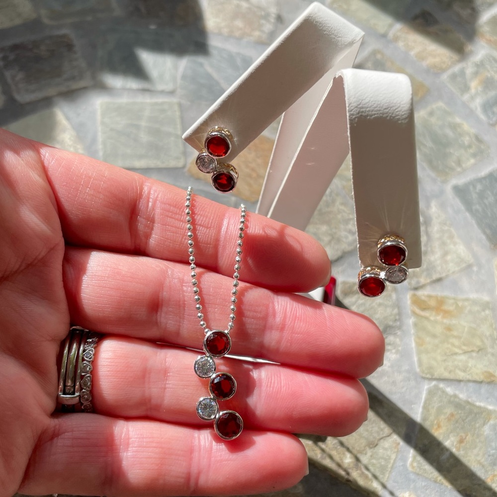 Ruby/CZ Stones Sterling Silver Necklace ER Set - Picture 3 of 14